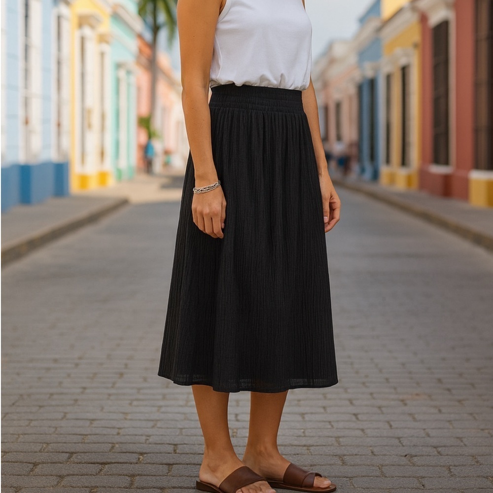 RW&Co Classic Black Midi Skirt Sz S Flowy Timeless Elastic Waist Clean Girl EUC